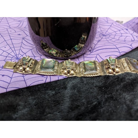Vintage Taxco, Link Style Bracelet with Abalone Carved Heads and Blocks - Picture 1 of 9